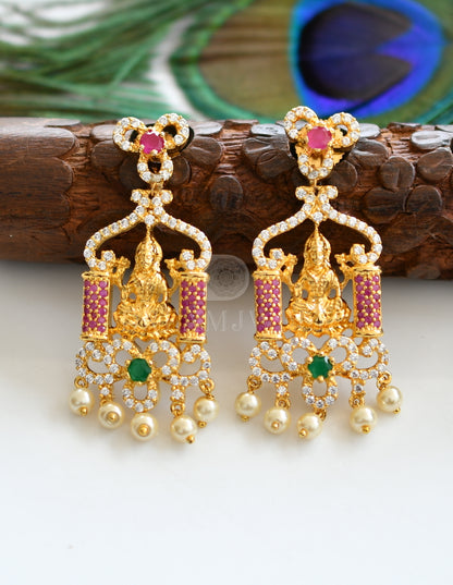 Gold tone multilayer cz ruby-emerald lakshmi mugappu necklace set dj-08849