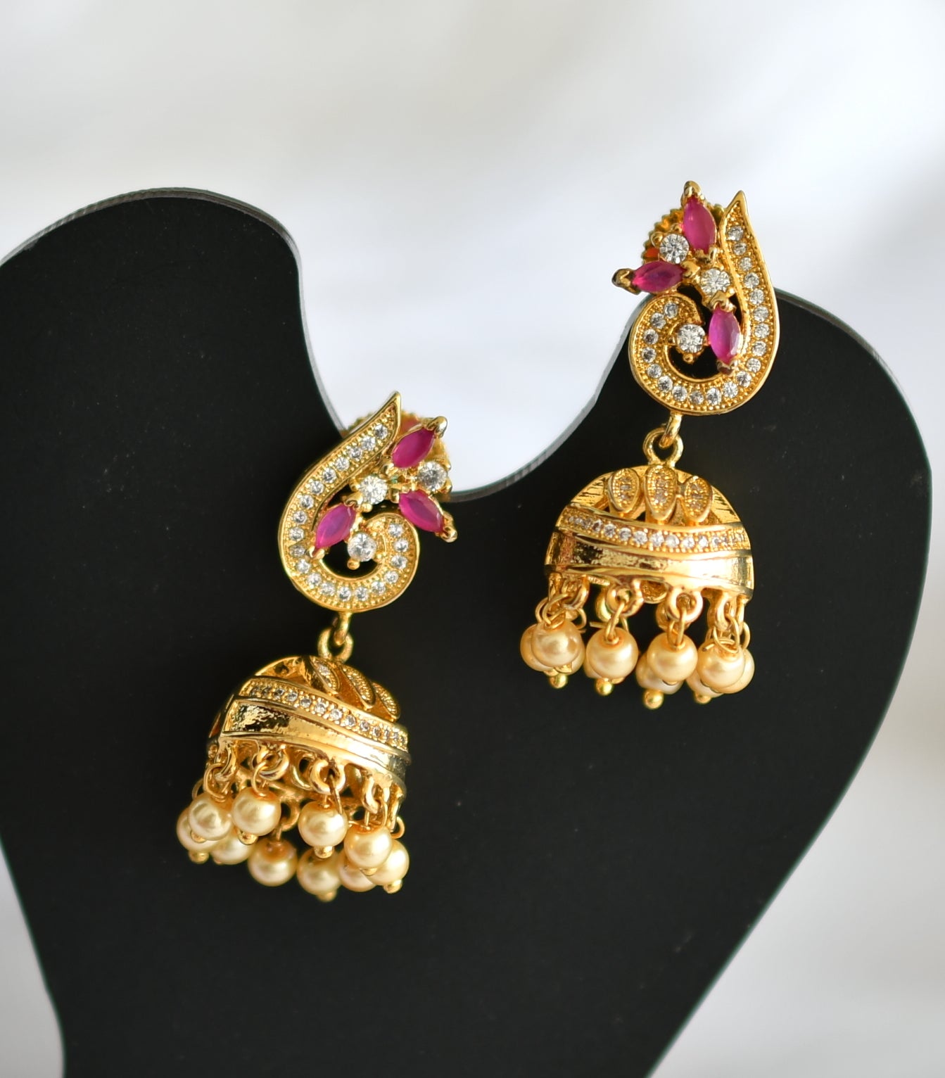 Gold plated cz white-ruby peacock jhumkka dj-02199