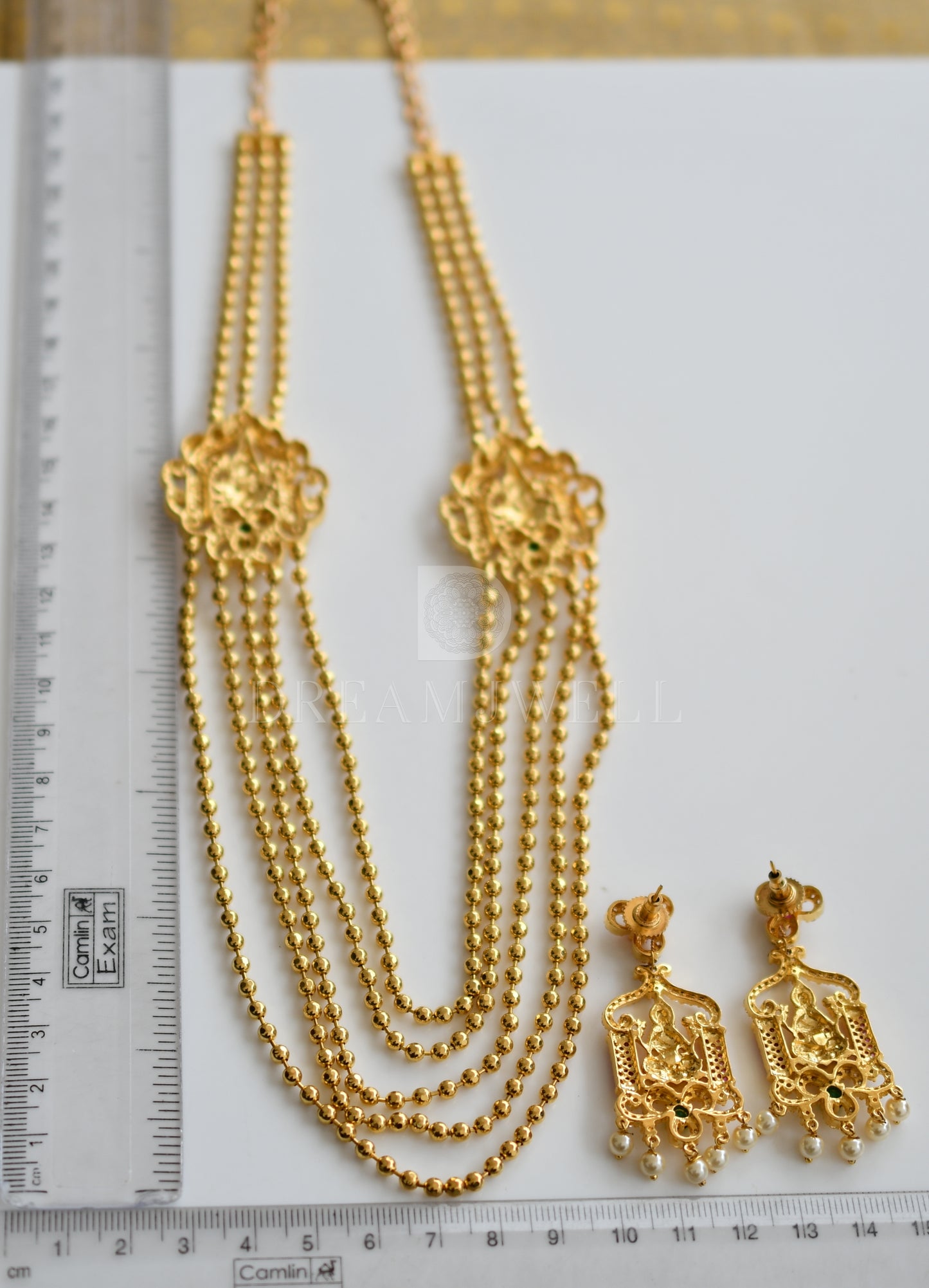 Gold tone multilayer cz ruby-emerald lakshmi mugappu necklace set dj-08849