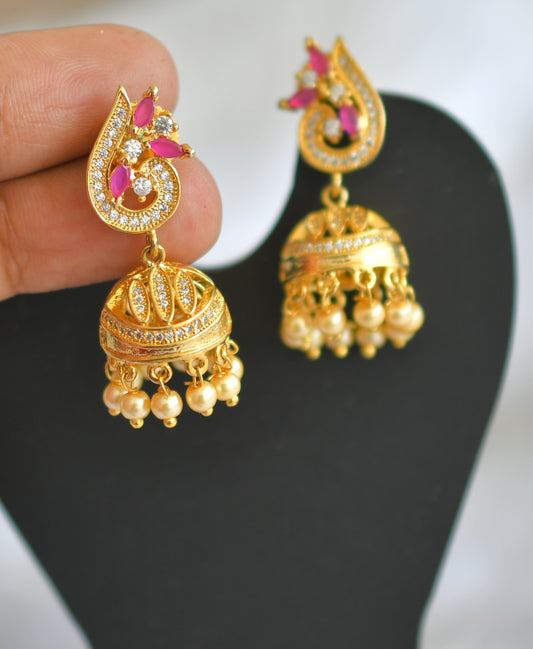 Gold plated cz white-ruby peacock jhumkka dj-02199