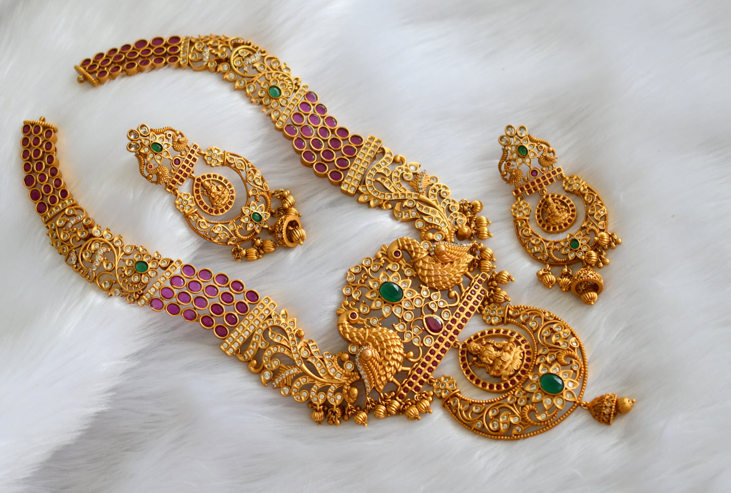 Matte finish ruby-green gold replica Lakshmi grand  haar set dj-32519