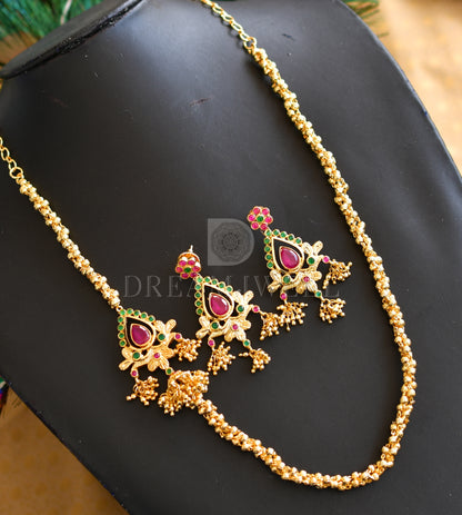 Gold tone ruby-emerald mugappu necklace set dj-03240