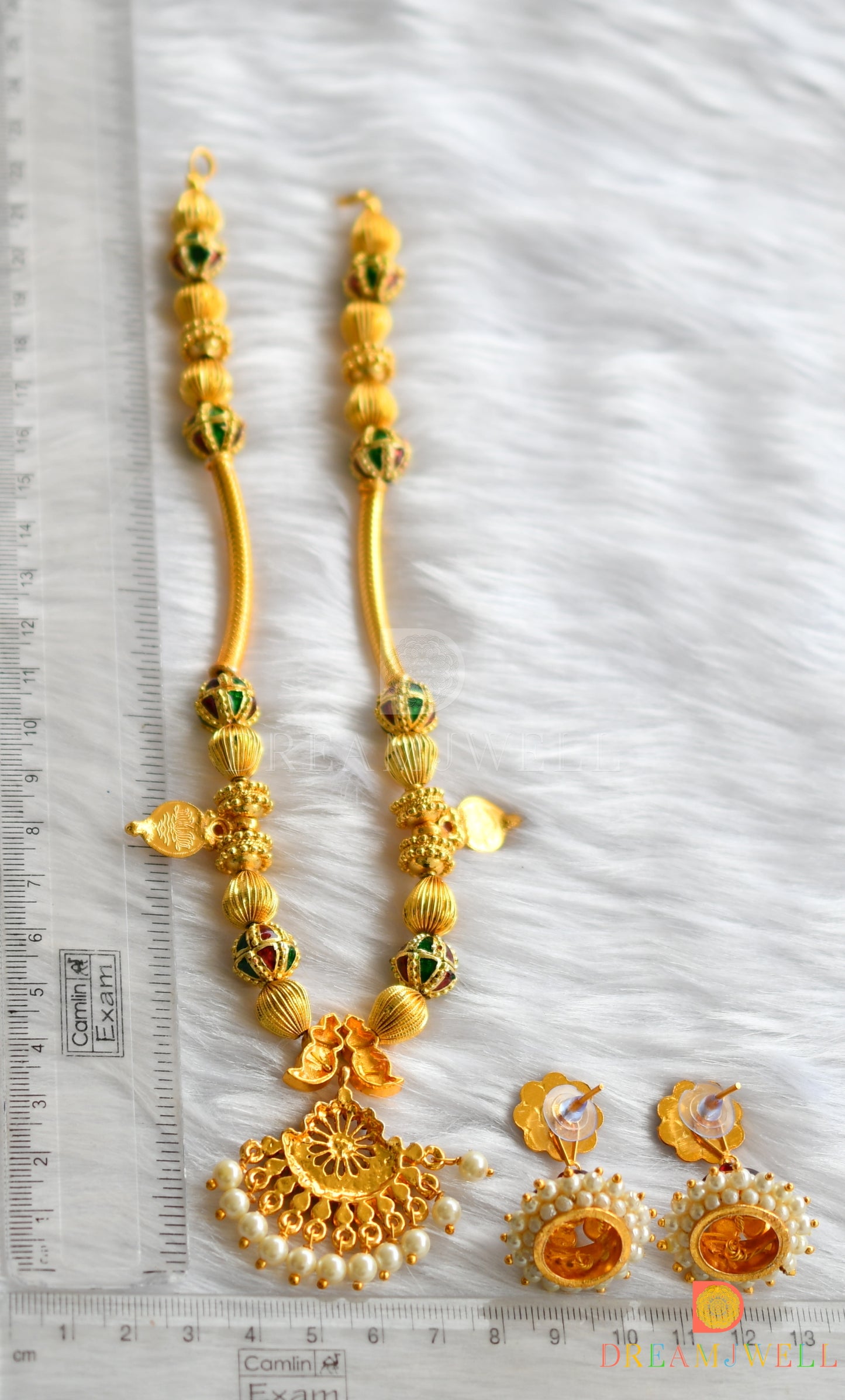 Gold tone kemp-green hand made Lakshmi coin necklace set dj-37938