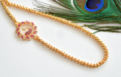 Gold Plated Cz-ruby Peacock Mugappu Chain dj-11709