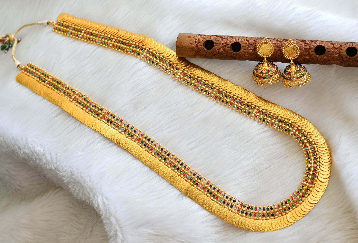 Gold tone Navarathna long lakshmi coin haar set dj-16448