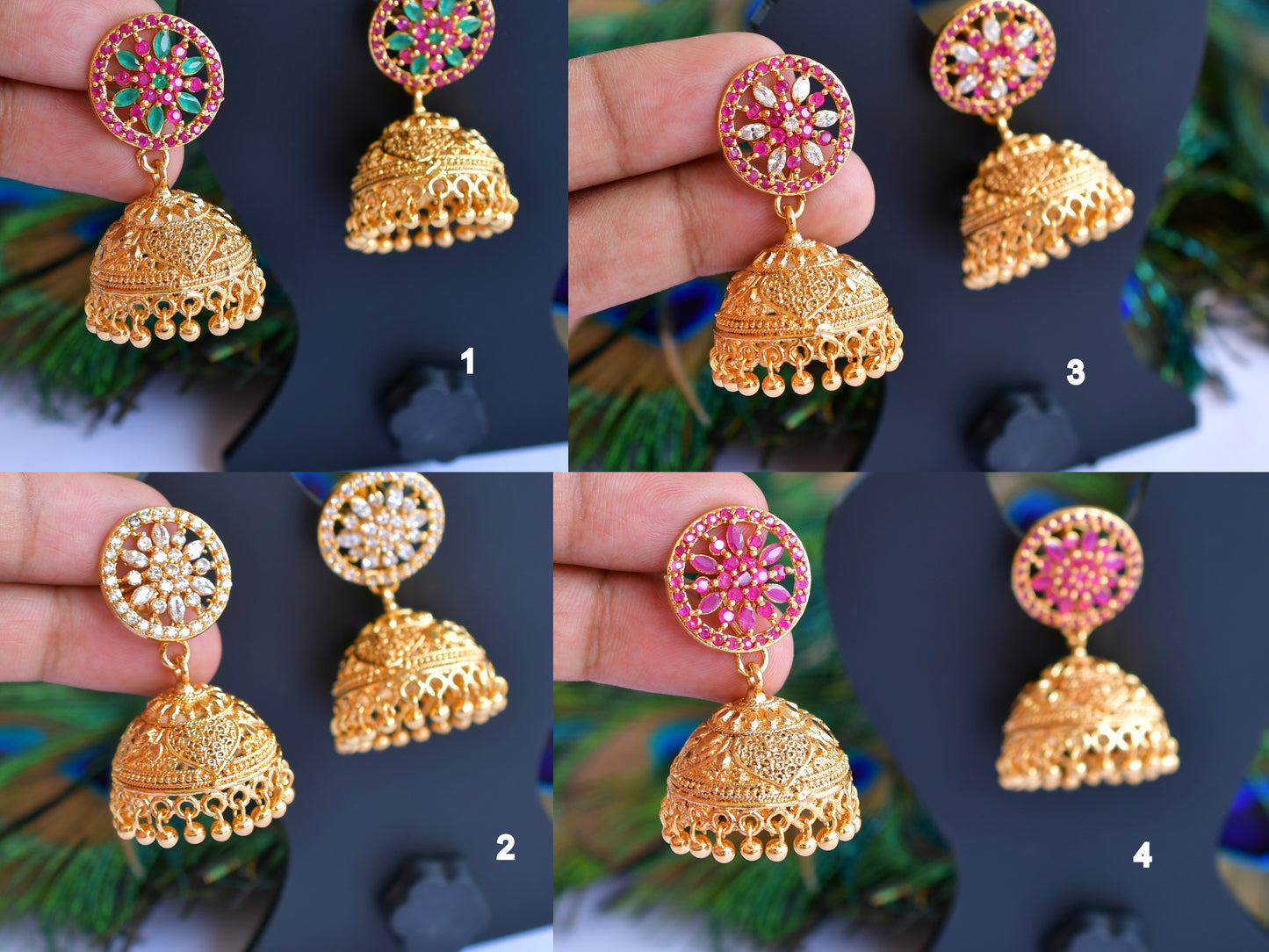 Gold tone ruby-emerald-white stone jhumkka