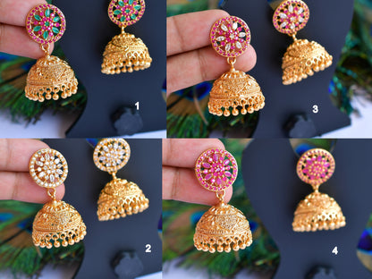 Gold tone ruby-emerald-white stone jhumkka