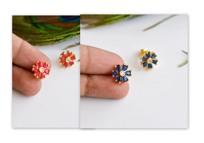 Gold tone ruby-blue small earrings