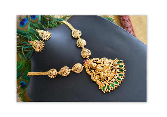 Gold tone Pink-Green nagapdam Lakshmi Kerala style necklace set dj-36832