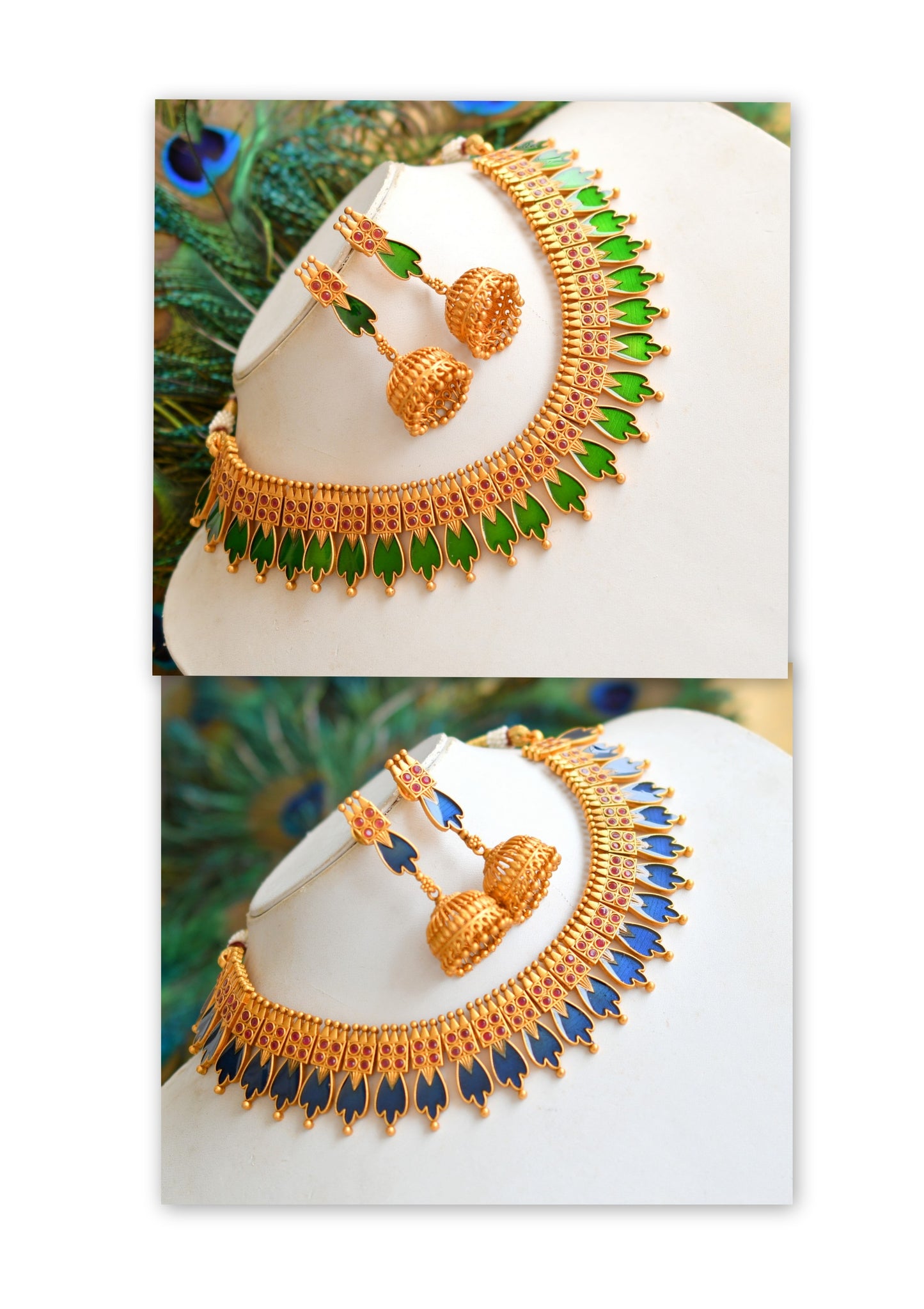 Matte finish green-blue Kerala style necklace set