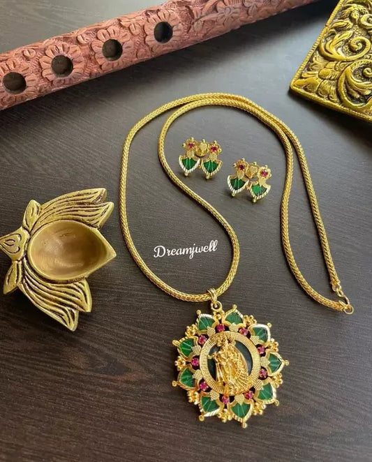 Gold tone Radhe-krishna green palakka chain set dj-35101