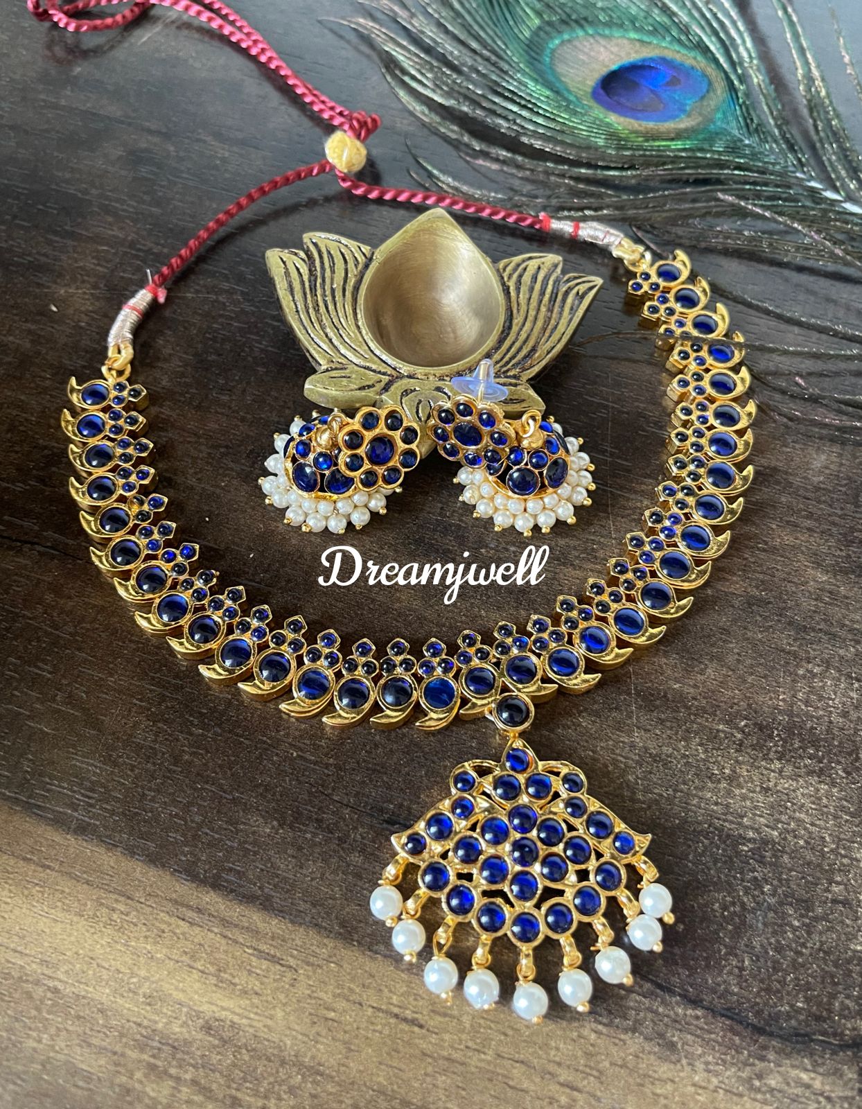 Gold tone blue mango temple necklace set dj-15939