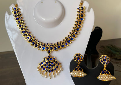 Gold tone blue mango temple necklace set dj-15939