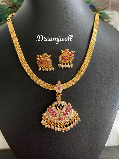 Traditional south Indian Ruby green swan necklace set (Attigai) dj-37000