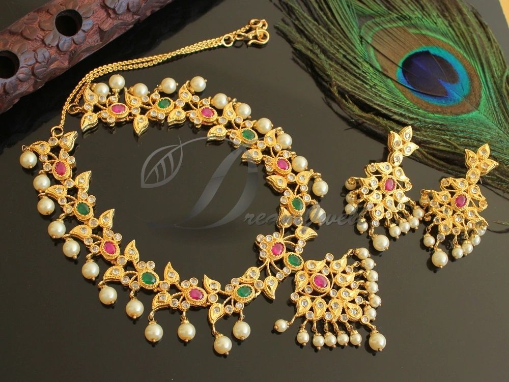 Gold tone AD-ruby-emerald pearl Necklace Set -dj05092