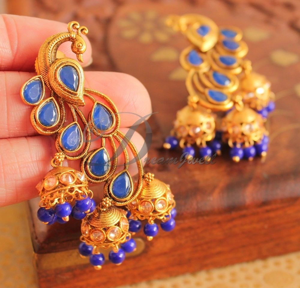 Buy Women Silver Oxidized Blue Stone Jhumki Earrings - Earrings - Indya