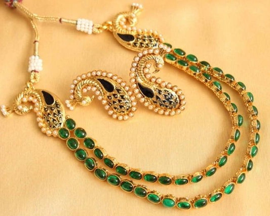 Antique kemp-green beaded peacock necklace set dj-16675