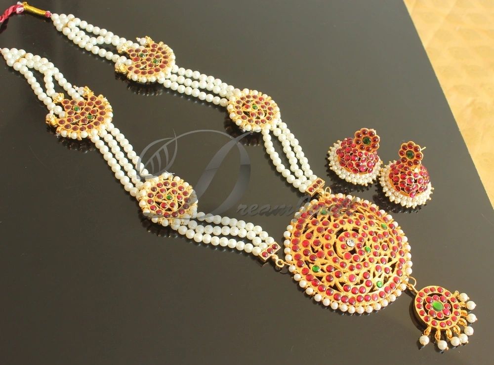 South Indian Design Coral Pearl Necklace With Earrings - Gleam Jewels