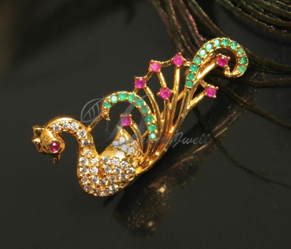 22K Gold 'Peacock' Jada Billa with Cz - Saree Pin - 235-GJC042 in 13.000  Grams