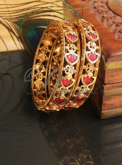 Gold tone red palakka Kerala style set of 2 Bangles (2.10) dj-38359