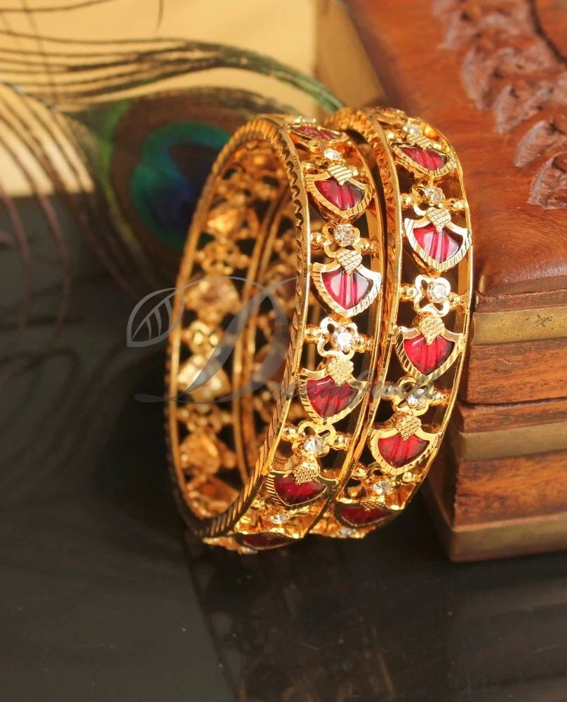 Gold tone red palakka Kerala style set of 2 Bangles (2.10) dj-38359