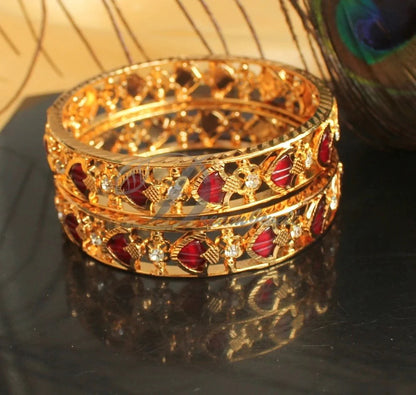 Gold tone red palakka Kerala style set of 2 Bangles (2.10) dj-38359