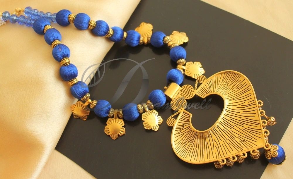 Silk thread jewellery. Blue color gold thread necklace with