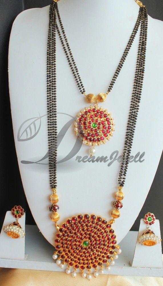 Gold tone Kemp-green Big Pendant Double layer Mangalsutra Set DJ24773