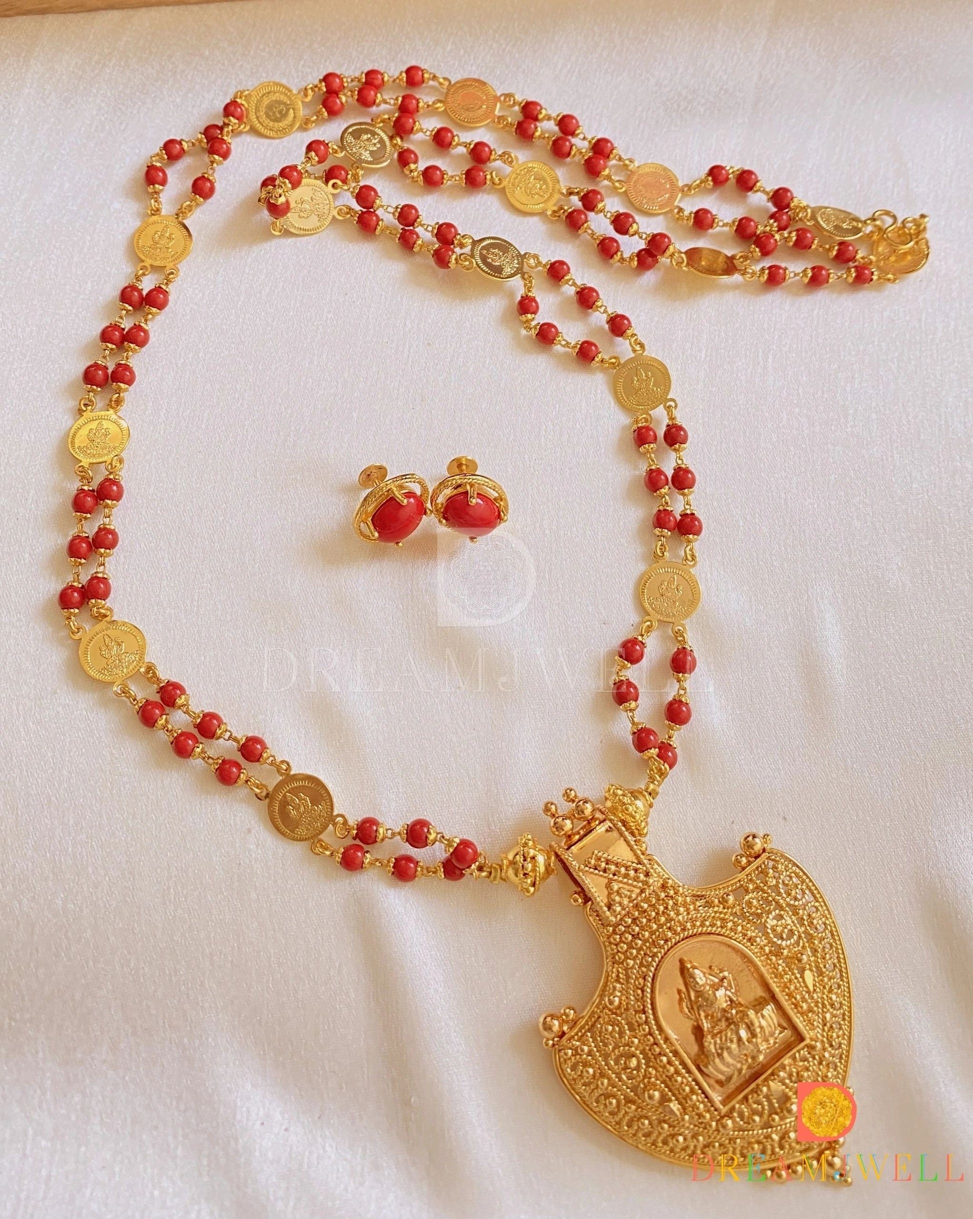 DREAMJWELL - Gold tone red beads Lakshmi designer necklace set dj