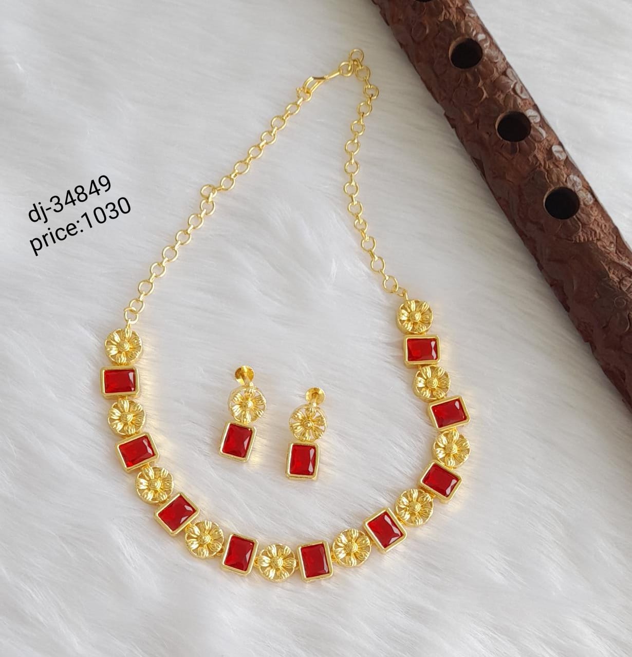 Gold tone red block stone sufi necklace set dj-34849