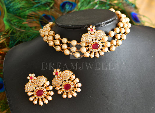 Gold tone ruby pearl mango choker necklace set dj-35196