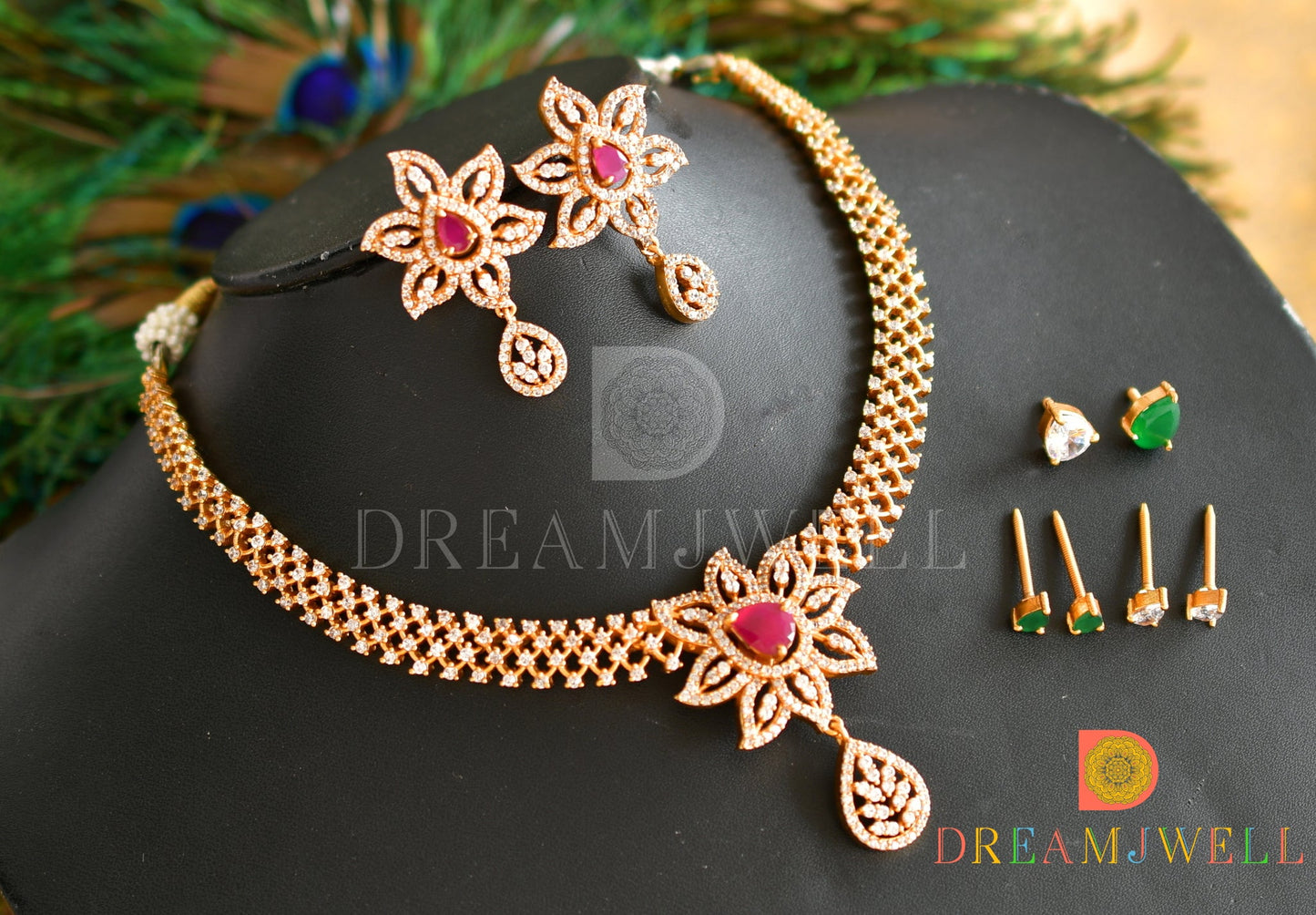 Matte finish Cz color changeable flower necklace set dj-36180